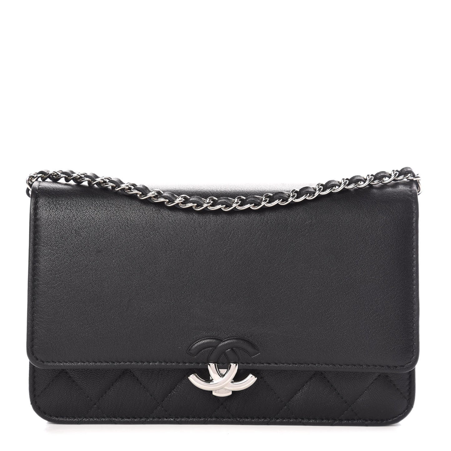 Lambskin Quilted CC Box Wallet On Chain WOC Black