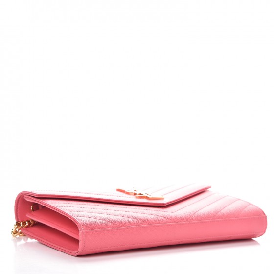 Saint Laurent Grain De Poudre Matelasse Chevron Monogram Chain Wallet Rose Clair 4 of 12