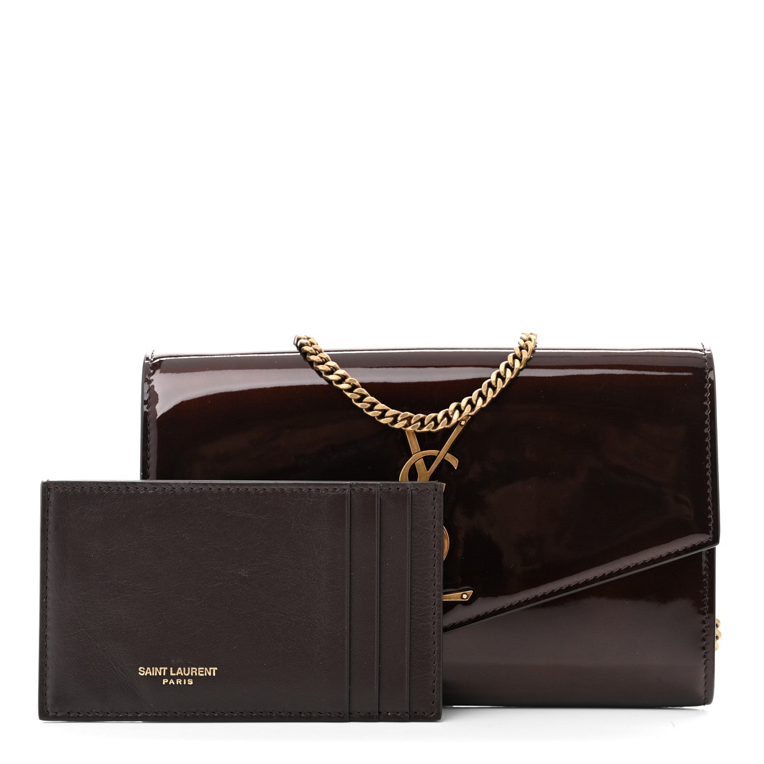 Saint Laurent Patent Uptown Chain Wallet  Brown 3 of 11