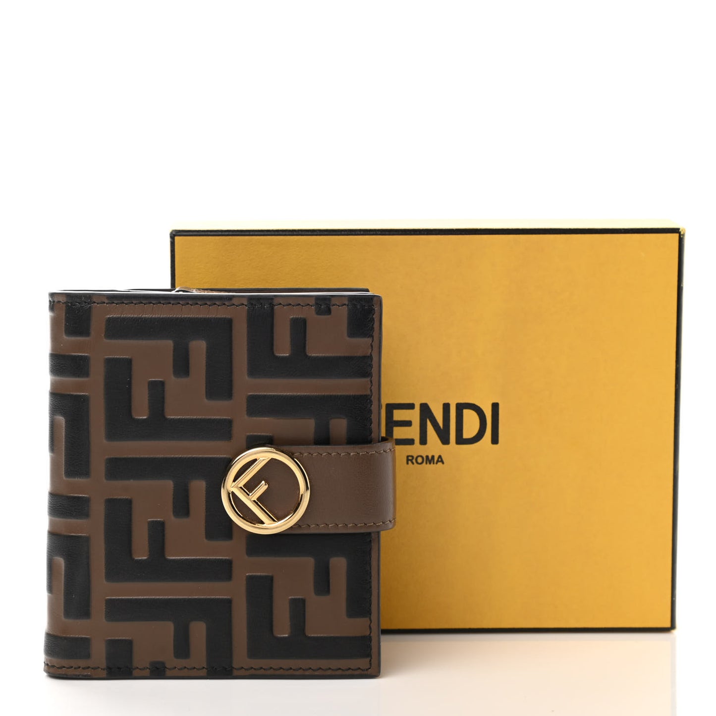 Vitello Soft F is Fendi Bi-Color FF 1974 Embossed Compact Wallet Maya Black