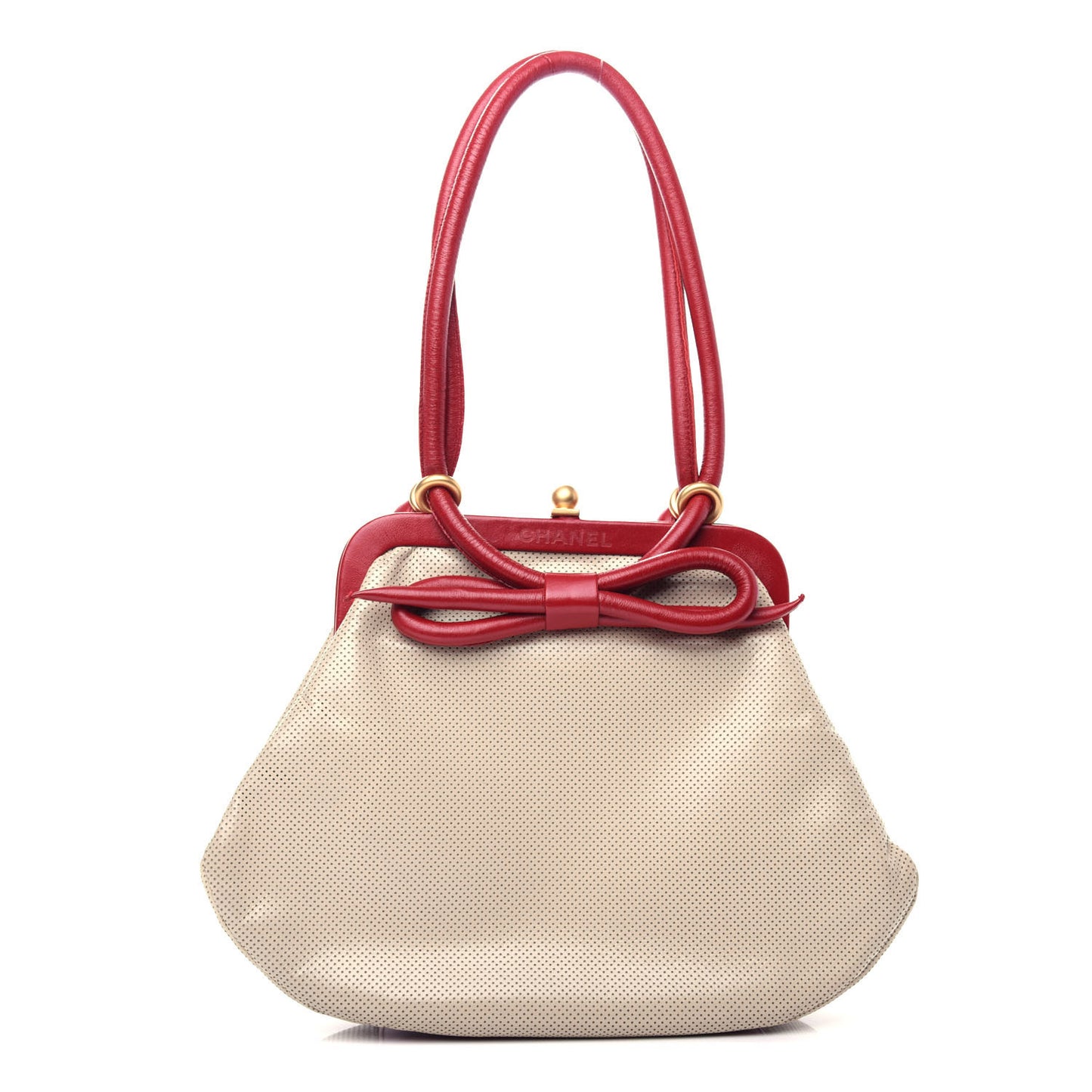 Perforated Lambskin Kiss Lock Light Beige Red