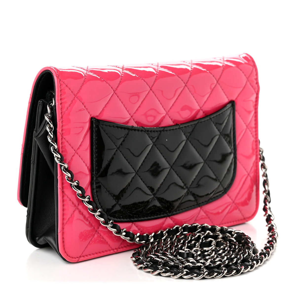 Chanel Patent Quilted Bi-Color Wallet On Chain WOC Pink Black 3 of 12