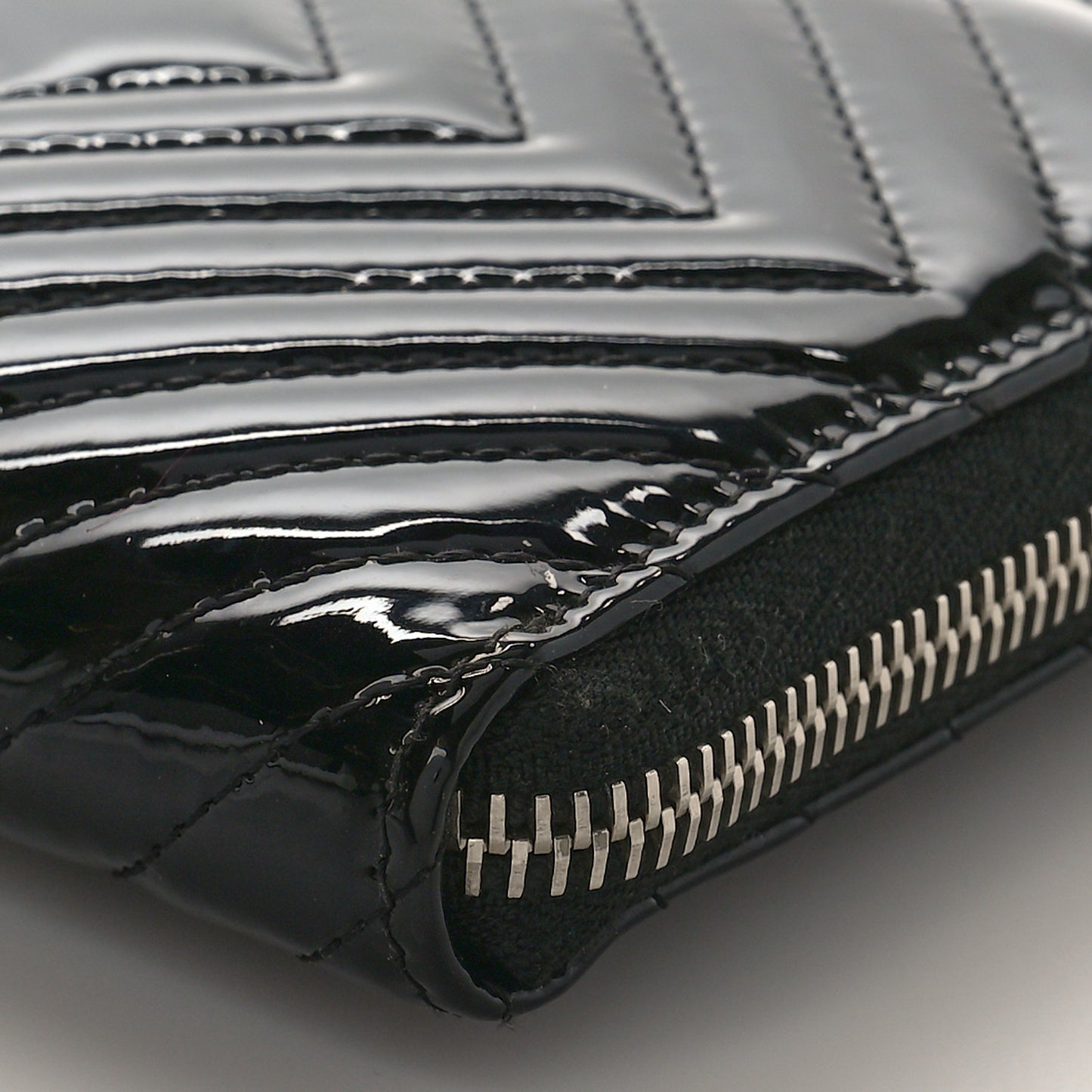Patent Chevron Quilted CC Zip Around Wallet Black