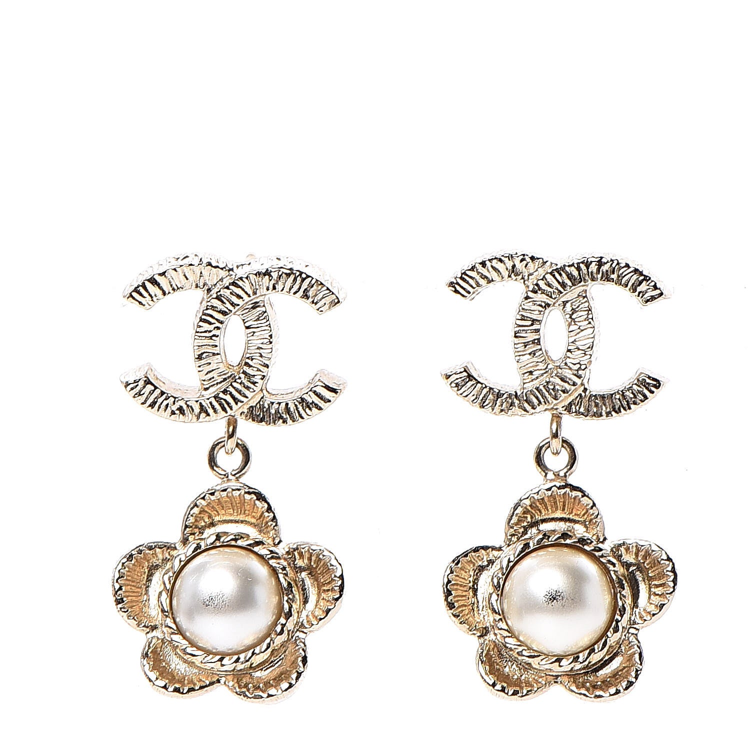 Chanel Pearl Camellia CC Drop Earrings Gold 1 of 6