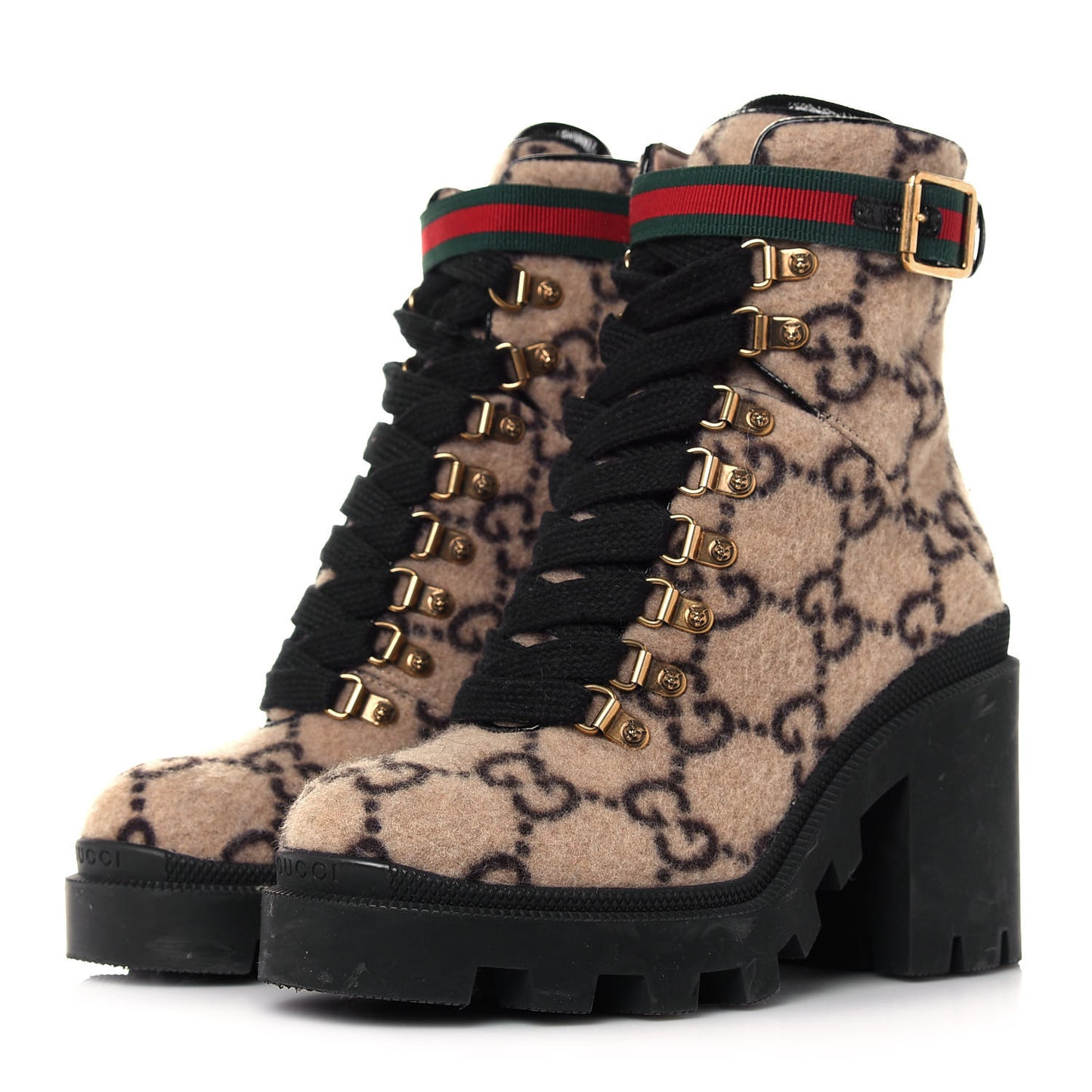 Covered Wool GG Monogram Womens Lace Up Combat Ankle Boots 36.5 Beige Ebony Black