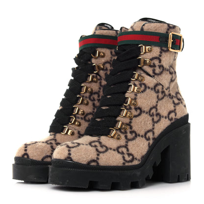 Gucci Covered Wool GG Monogram Womens Lace Up Combat Ankle Boots 36.5 Beige Ebony Black 3 of 11