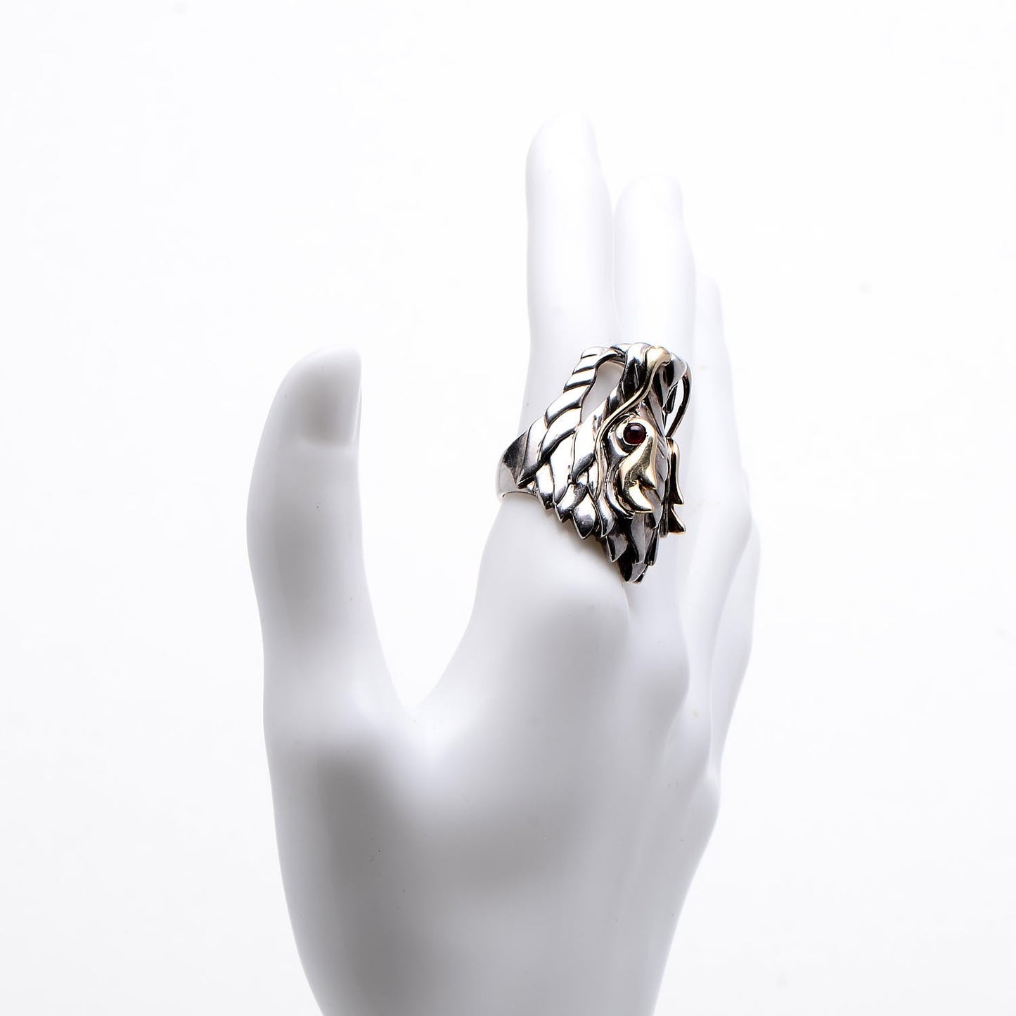 Sterling Silver 18K Yellow Gold Ruby Naga Dragon Head Ring 52 6
