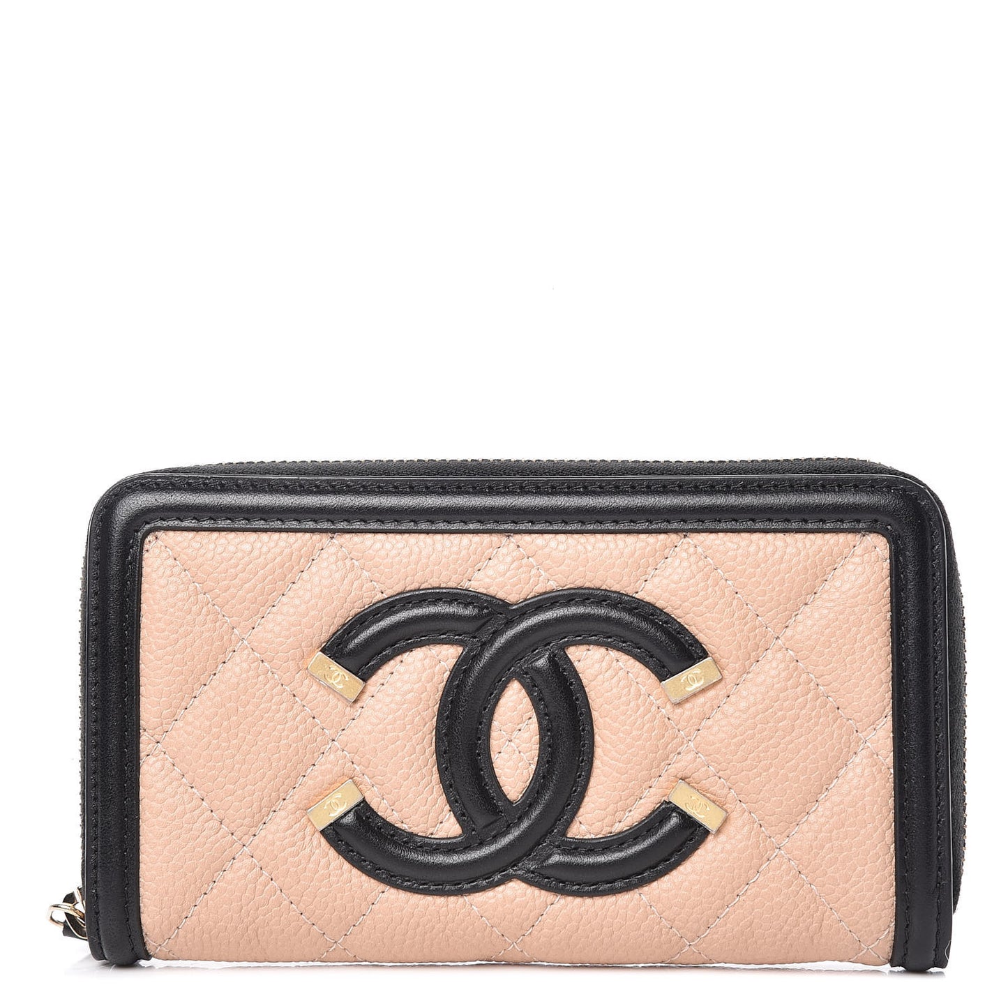 Caviar Quilted Small Filigree Zip Around Wallet Beige Black