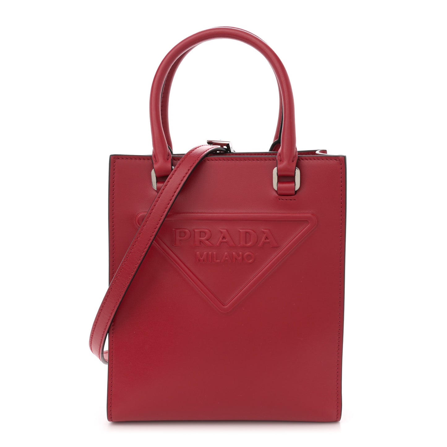 Soft Calfskin Triangle Logo Embossed Small Double Handle Crossbody Tote Rosso