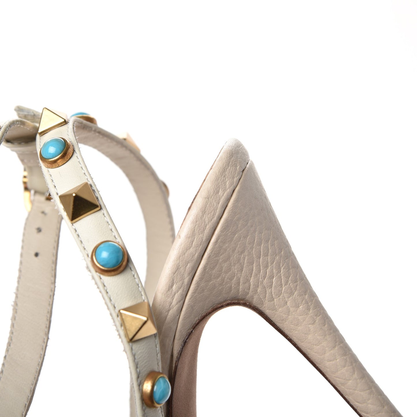 Pebbled Calfskin Turquoise Rockstud Rolling Ankle Strap 100mm Pumps 36 Ivory