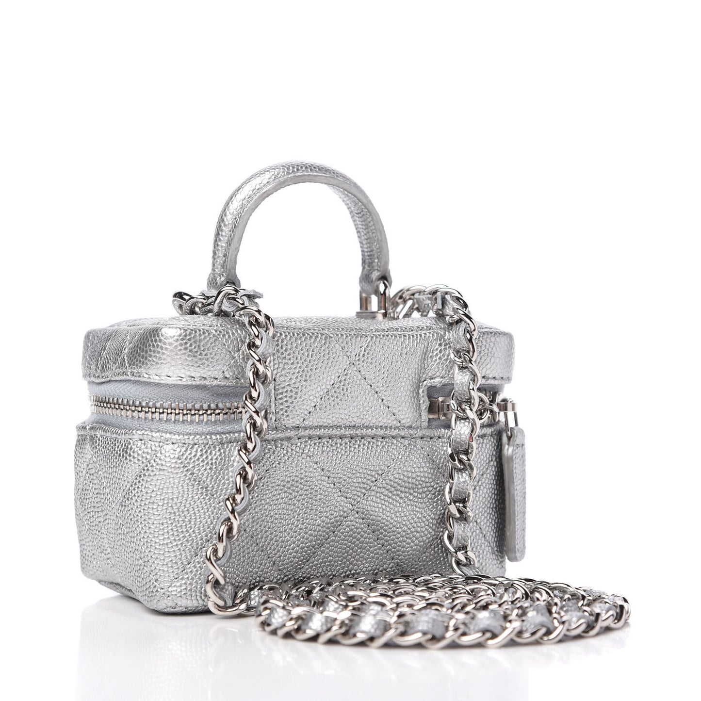 Metallic Caviar Quilted Mini Top Handle Vanity With Chain Silver
