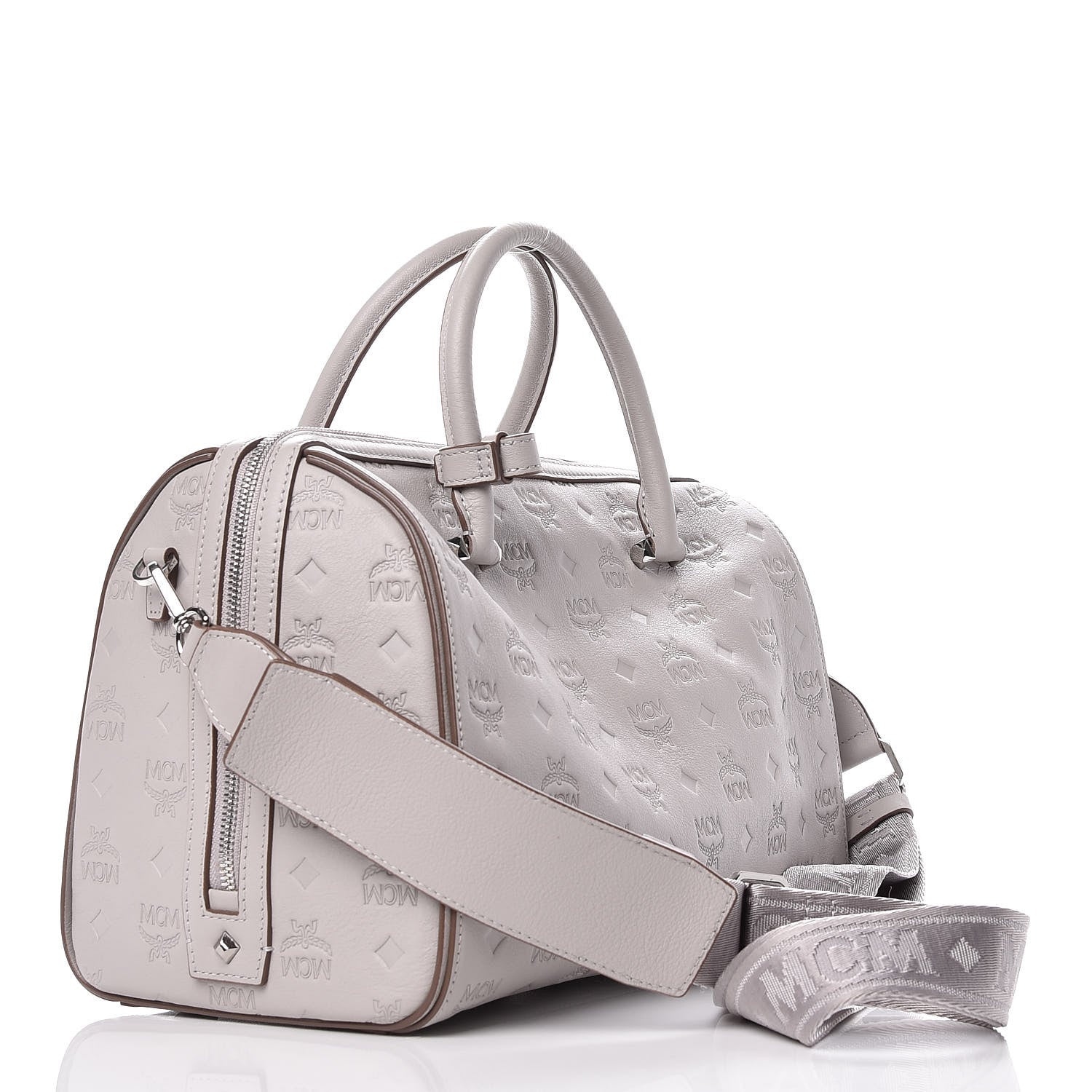 MCM Calfskin Ottomar Monogram Essential Boston Bag Dove 3 of 9