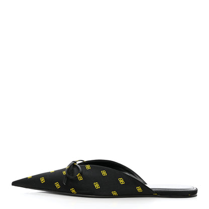 Balenciaga Crepe Satin BB Printed Pointy Toe Knife Flat Mules 36.5 Black Yellow 1 of 9