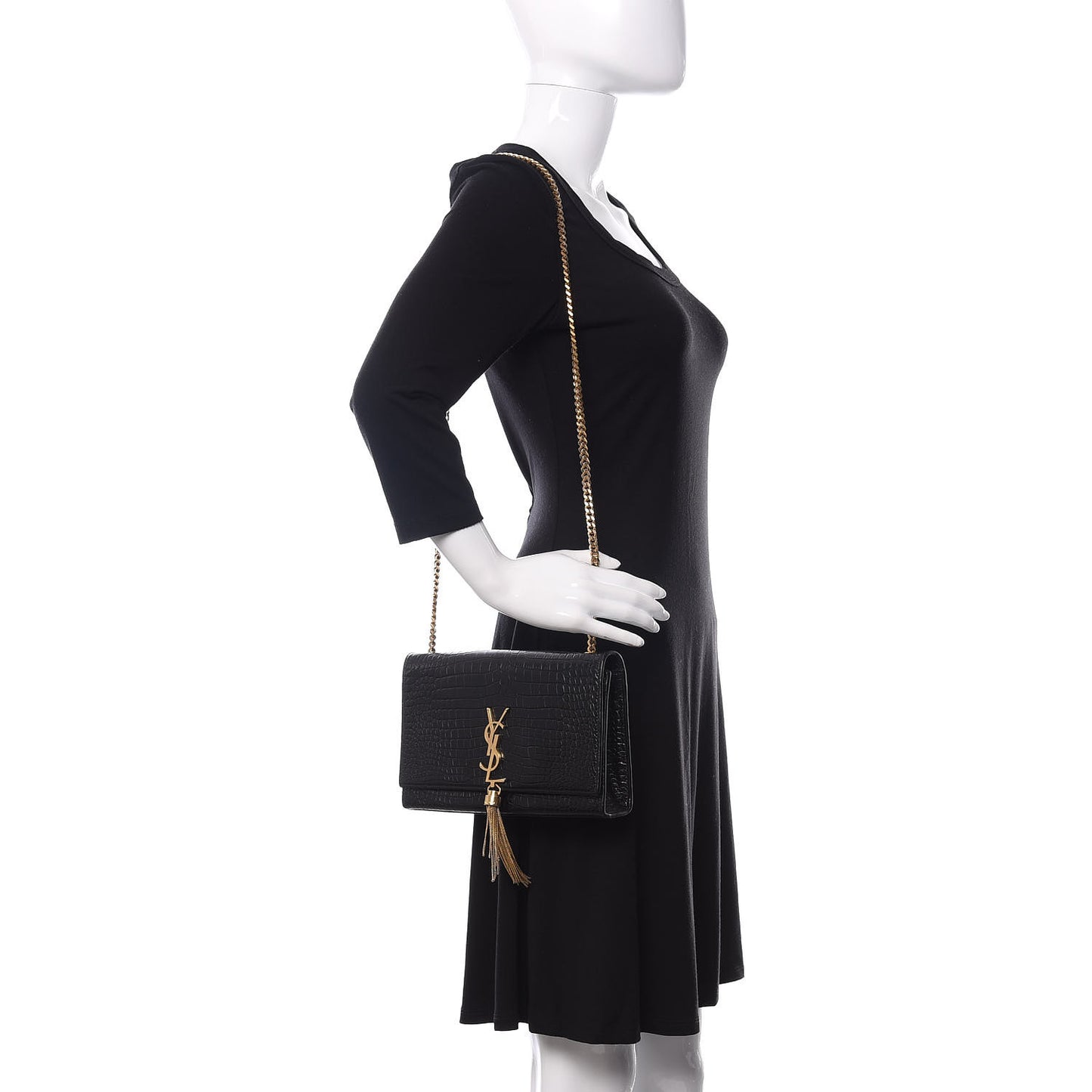Calfskin Crocodile Embossed Medium Classic Monogram Kate Tassel Satchel Black