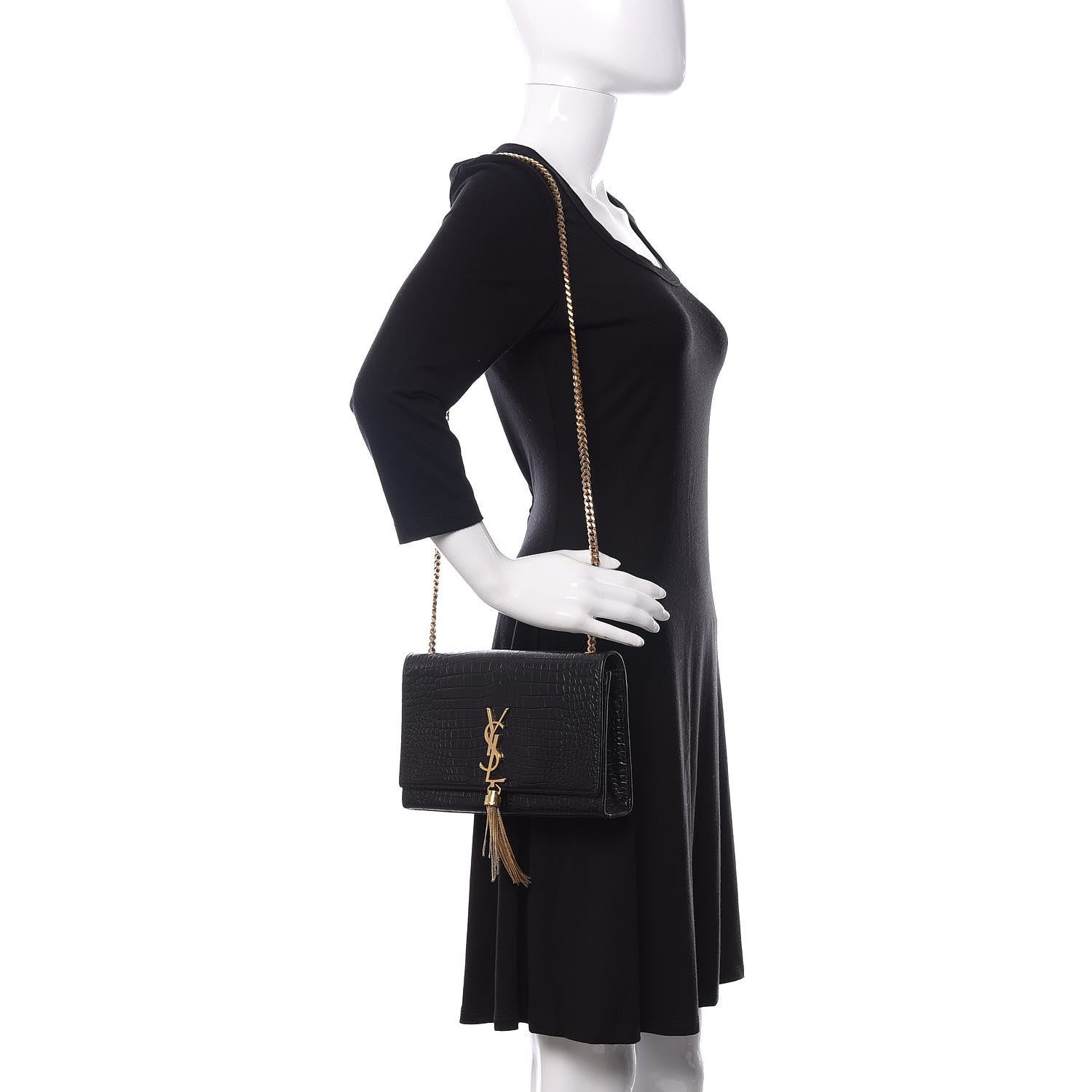 Saint Laurent Calfskin Crocodile Embossed Medium Classic Monogram Kate Tassel Satchel Black 2 of 9