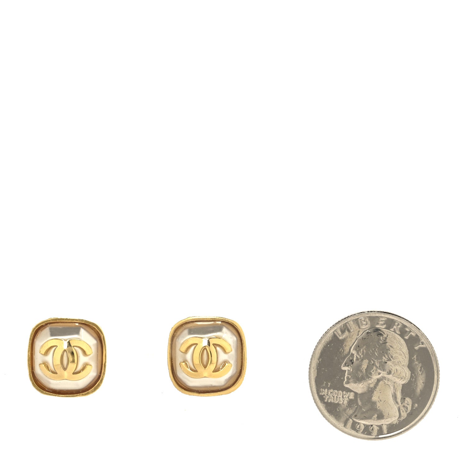 Chanel Metal Resin Pearl CC Square Earrings Gold 2 of 5