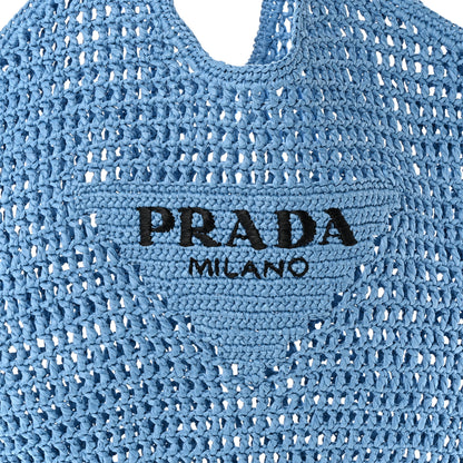 Prada Yarn Raffia Effect Crochet Logo Embroidered Shopping Tote Bag Celeste 7 of 9