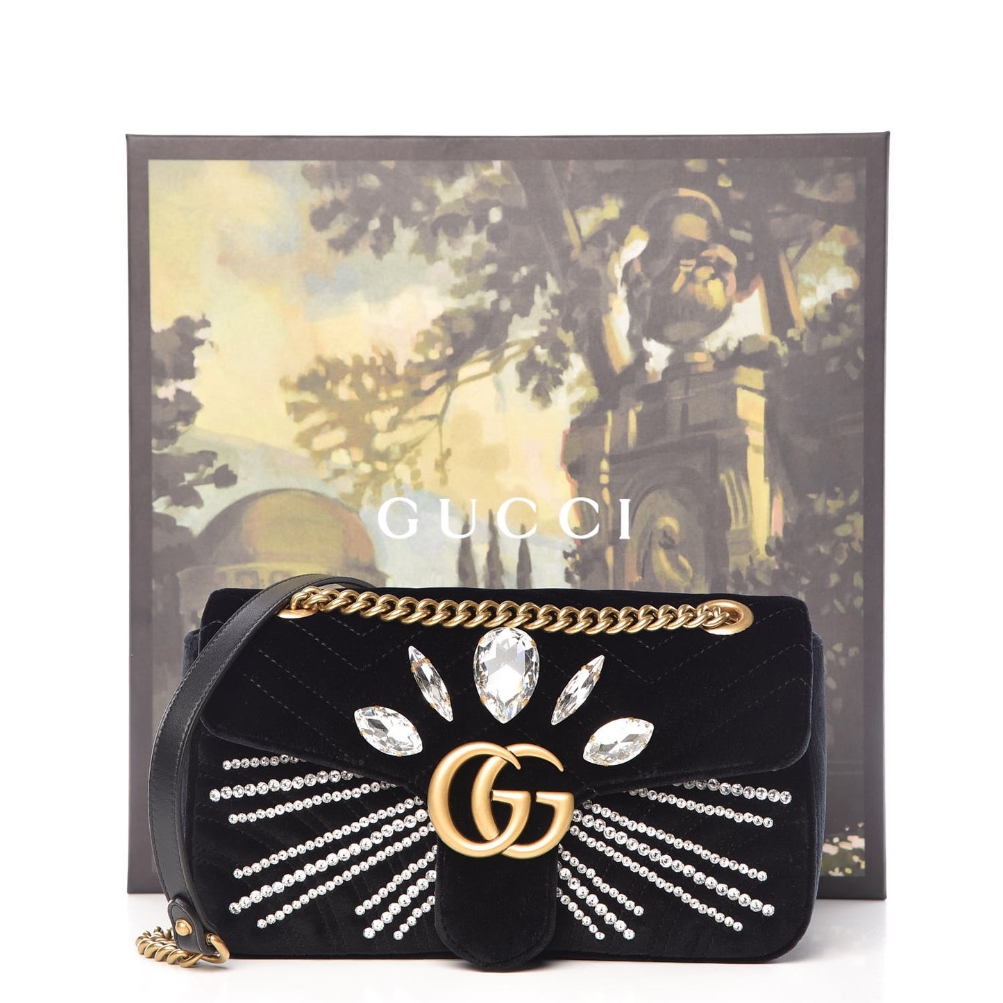 Velvet Matelasse Marquise Crystals Embroidered Small GG Marmont Shoulder Bag Black