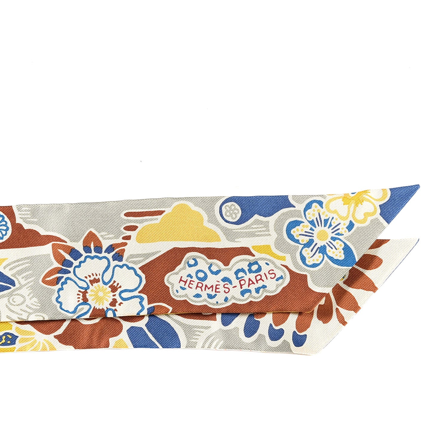 Hermes Silk Bingata Twilly Moutarde Bleu Brun 2 of 5