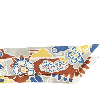Hermes Silk Bingata Twilly Moutarde Bleu Brun 2 of 5