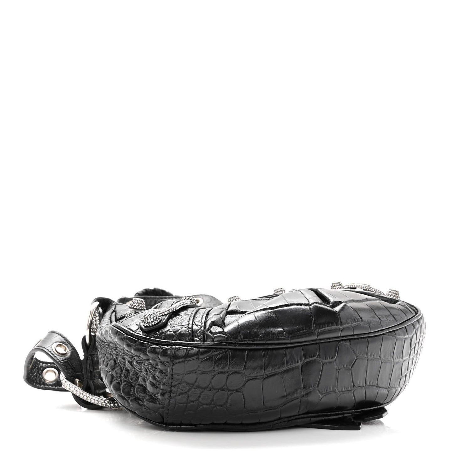 Extra Supple Calfskin Crystal Crocodile Embossed Le Cagole Shoulder Bag XS Black