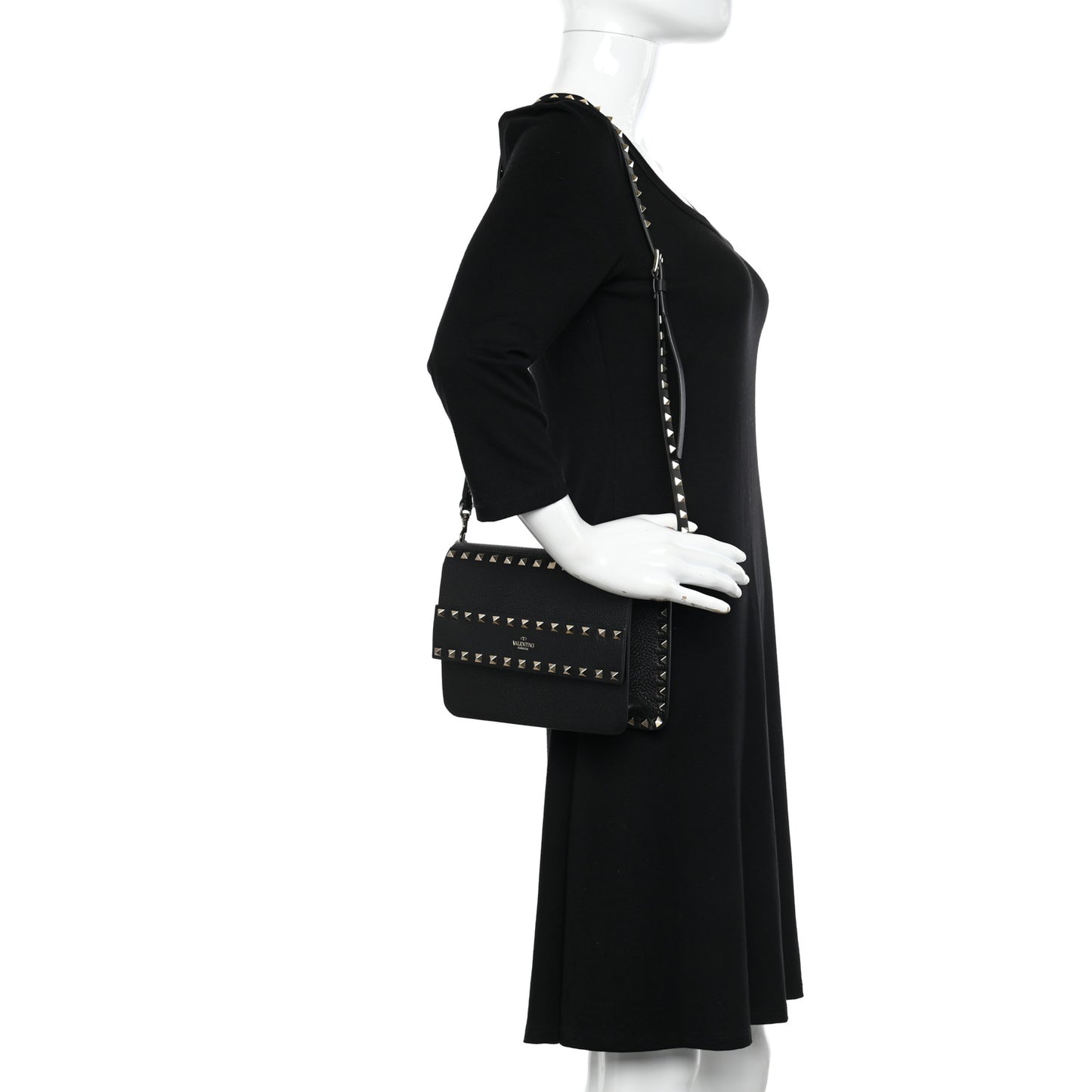 Pebbled Calfskin Rockstud Side Slip Crossbody Black