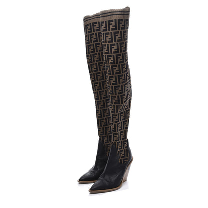 Fendi Stretch Fabric FF Cutwalk Thigh High Sock Boots 37 Tobacco Black 2 of 7