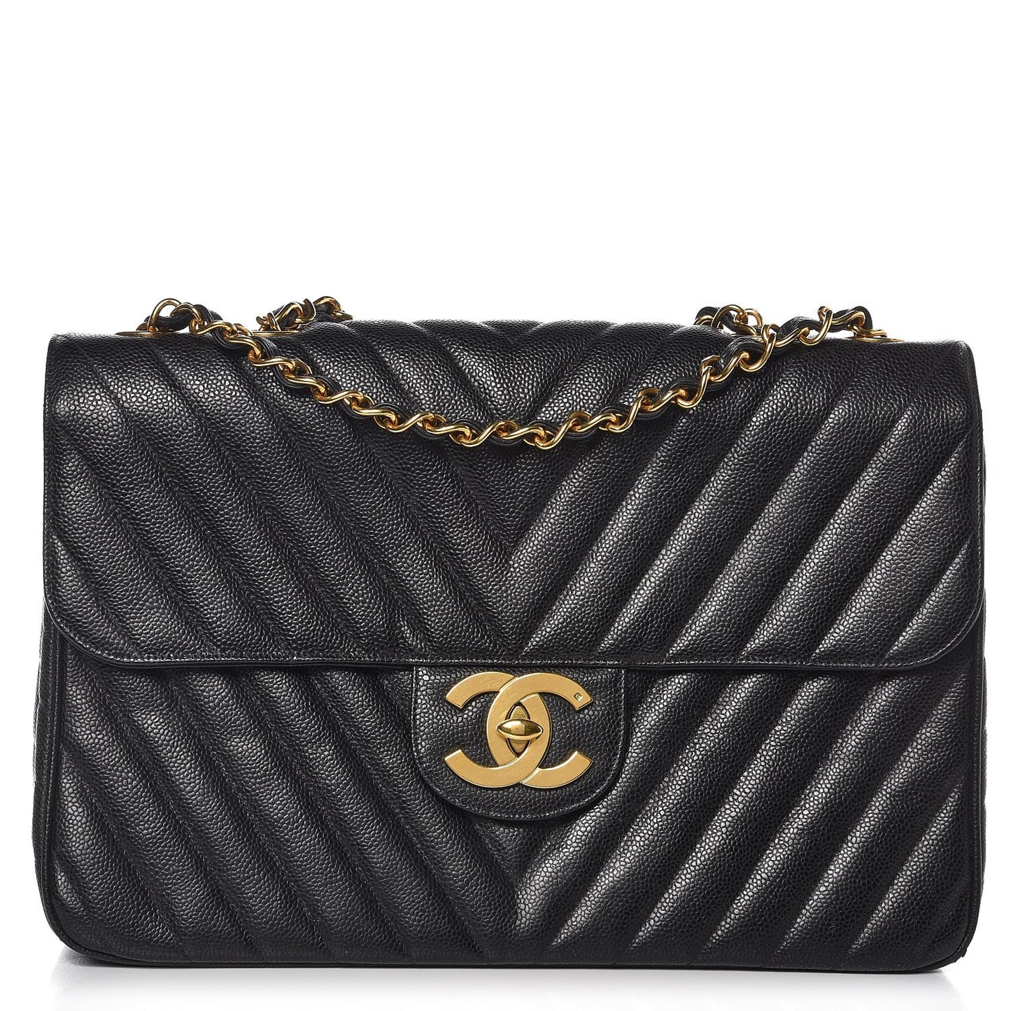 Caviar Chevron Quilted Maxi Single Flap Black