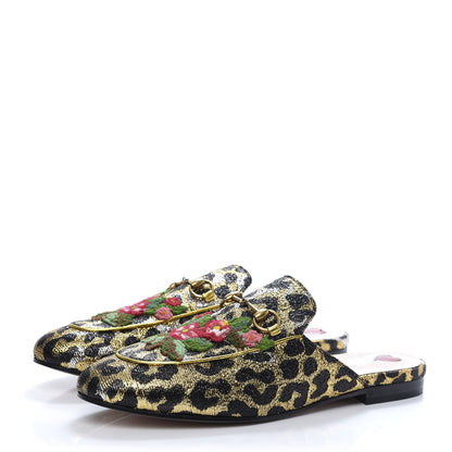 Gucci Lurex Jacquard Leopard Embroidered Womens Princetown Slippers 39.5 Black Gold 3 of 9