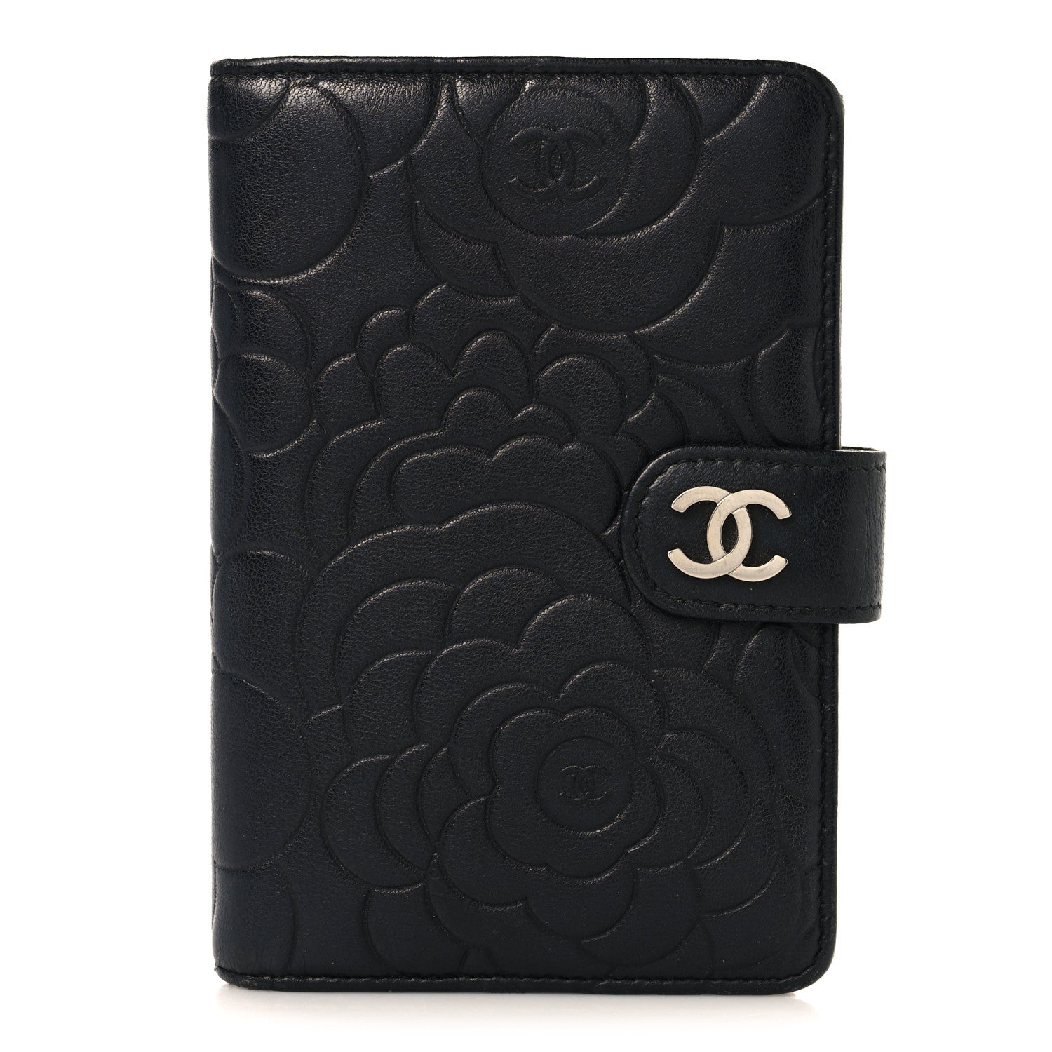 Chanel Lambskin Camellia Embossed Zipped Pocket Wallet Black 1 of 8