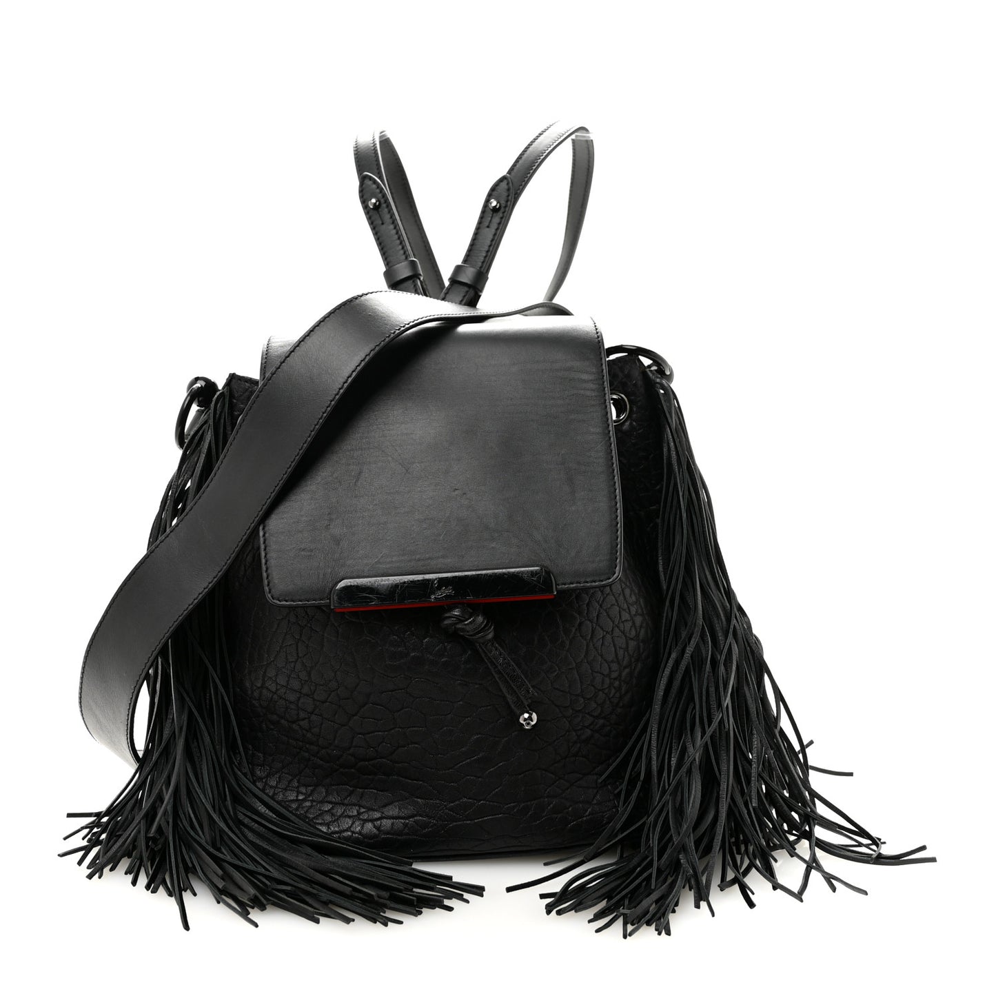 Pebbled Calfskin Fringe Lucky L Convertible Backpack Black