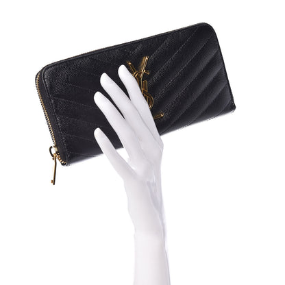 Saint Laurent Grain De Poudre Matelasse Chevron Monogram Zip Around Wallet Black 2 of 11