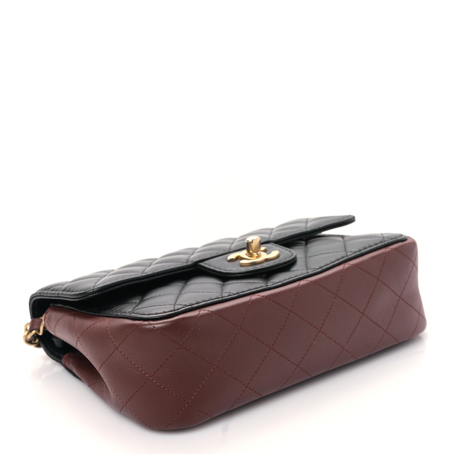 Calfskin Quilted Small Strap Into Flap Bag Black Burgundy