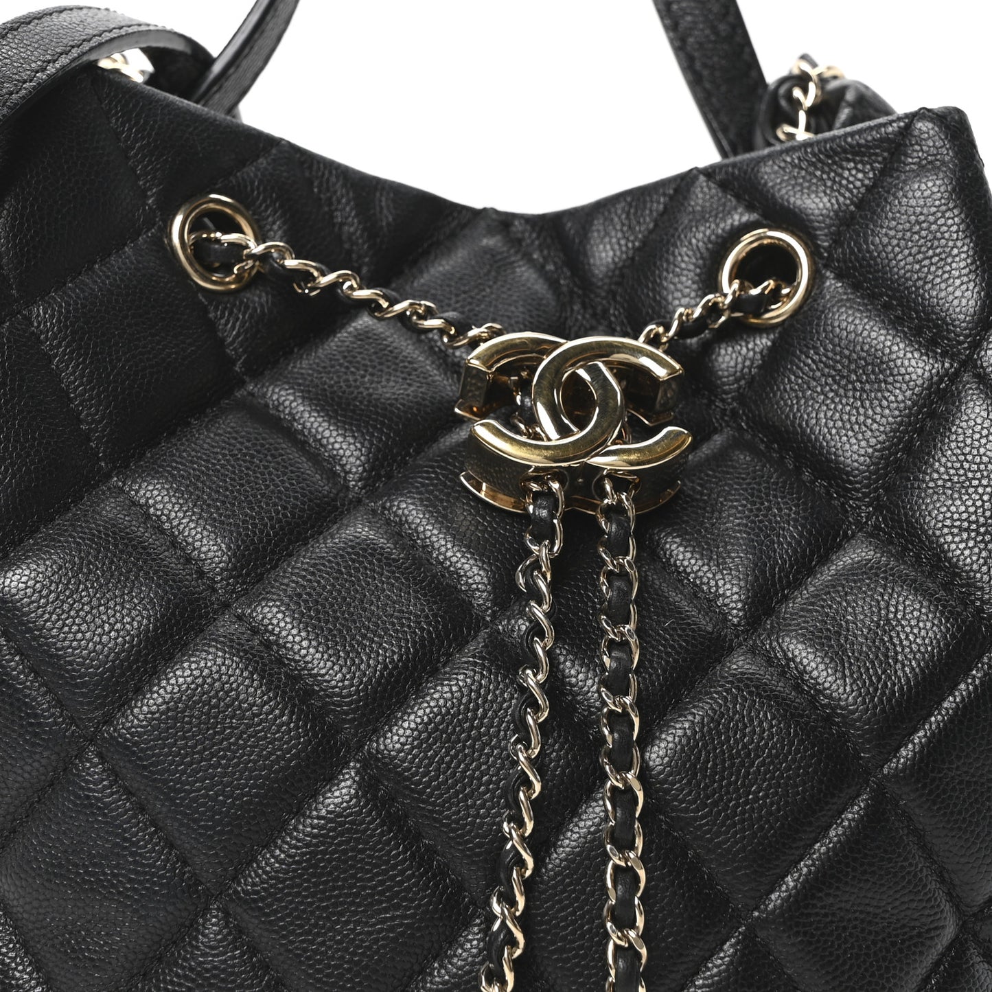 Caviar Quilted Large Rolled Up Bucket Drawstring Bag Black