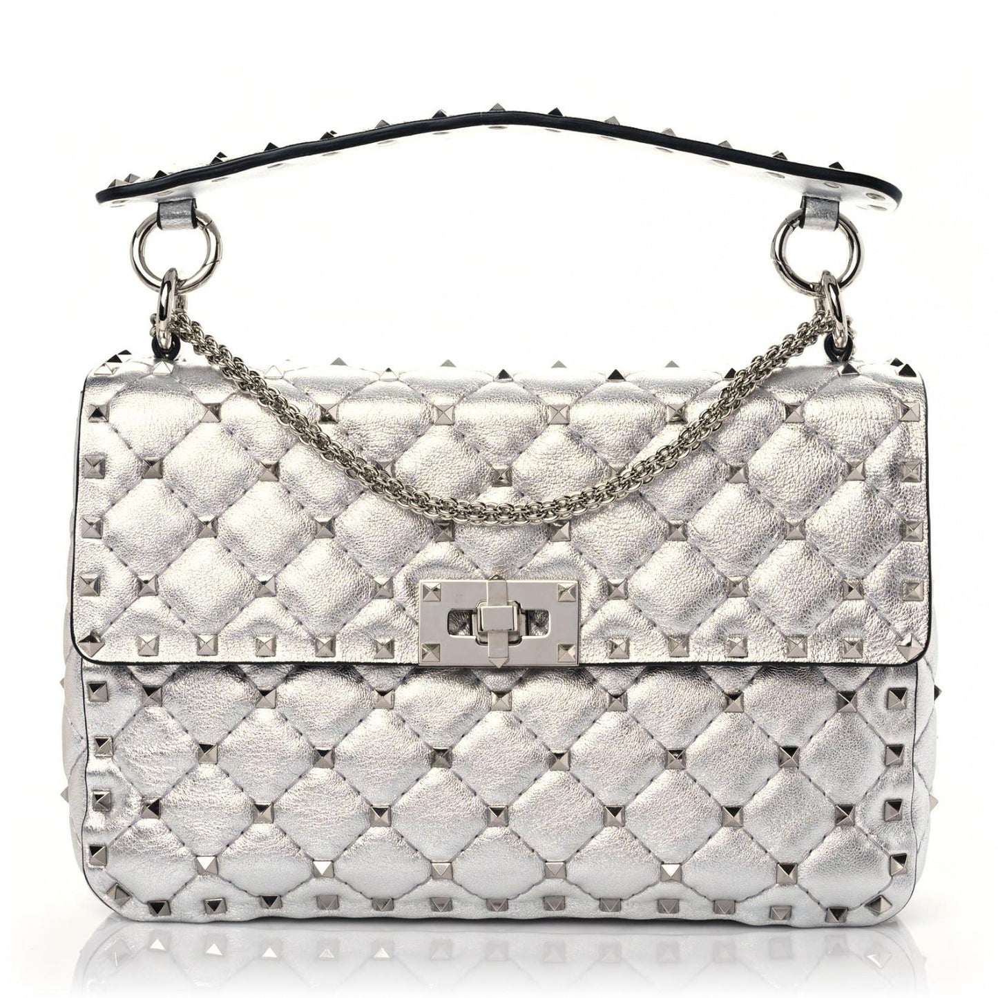 Metallic Nappa Medium Rockstud Spike Shoulder Bag Silver