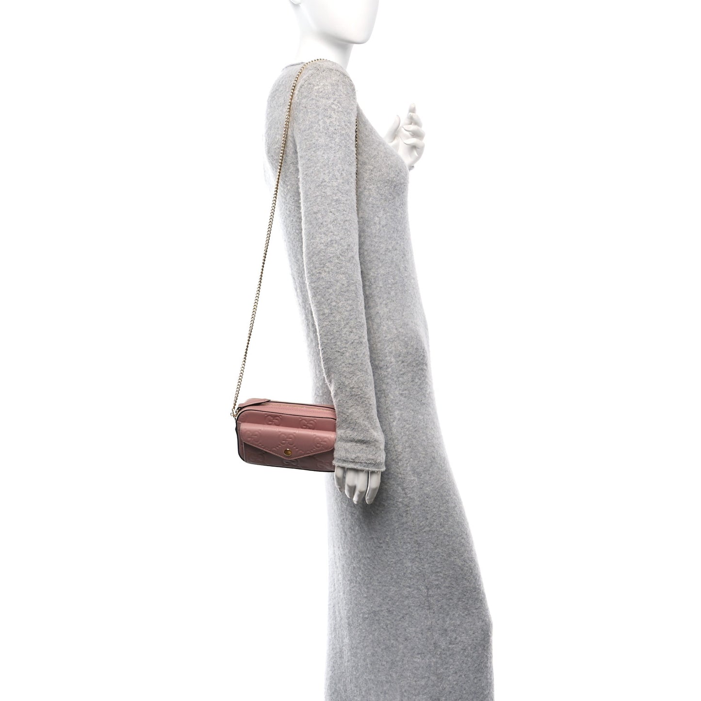 Calfskin GG Super Mini Debossed Chain Wallet Dust Carmine