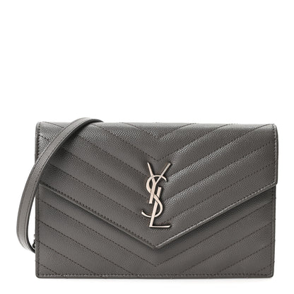 Saint Laurent Grain De Poudre Matelasse Chevron Monogram Envelope Chain Wallet Coal 1 of 9