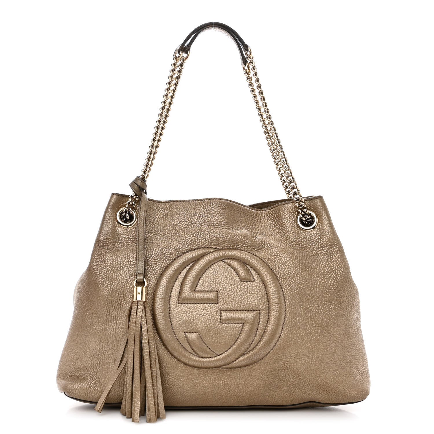 Gucci Metallic Pebbled Calfskin Medium Soho Chain Shoulder Bag Golden Beige 1 of 14