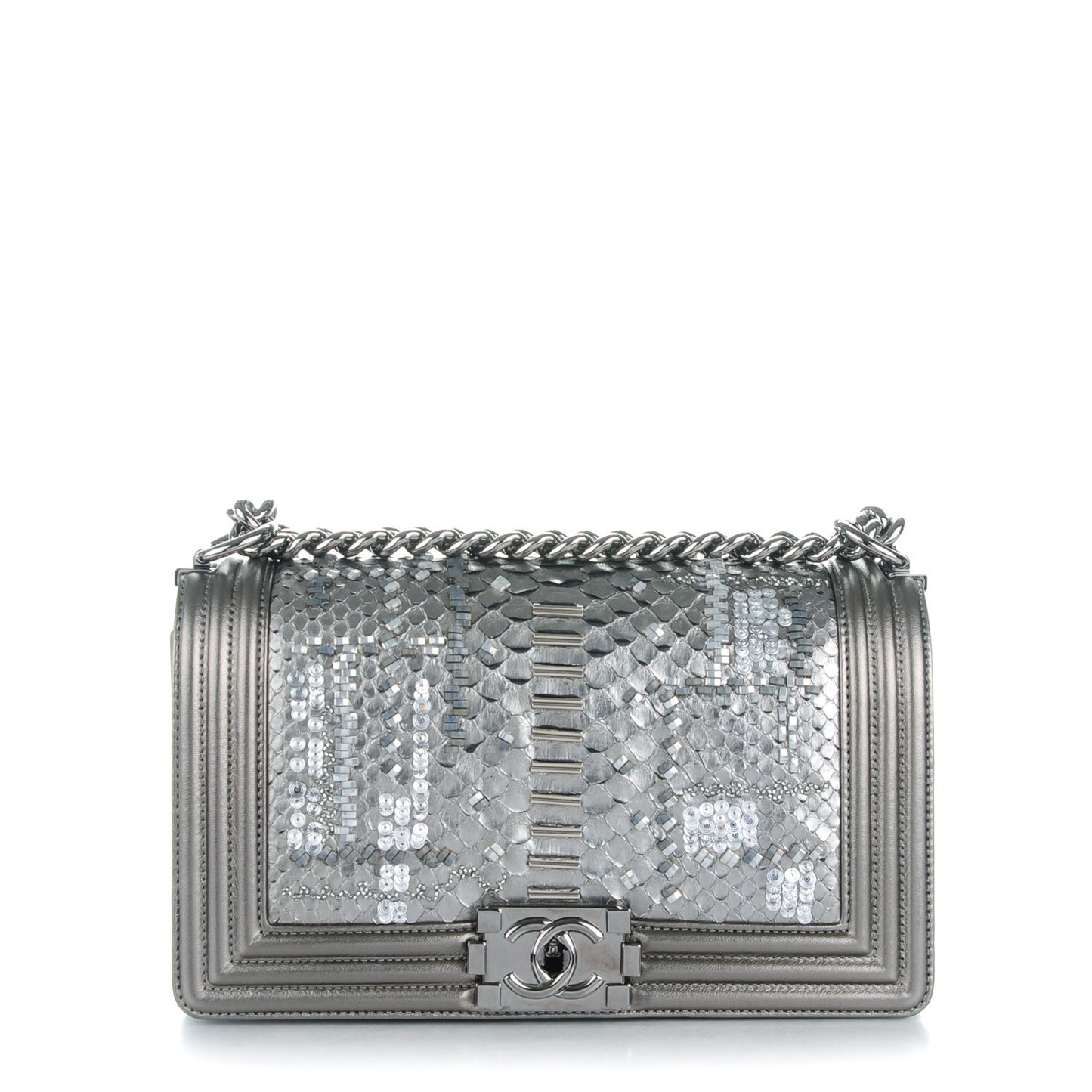 Metallic Lambskin Embroidered Python Medium Boy Flap Silver