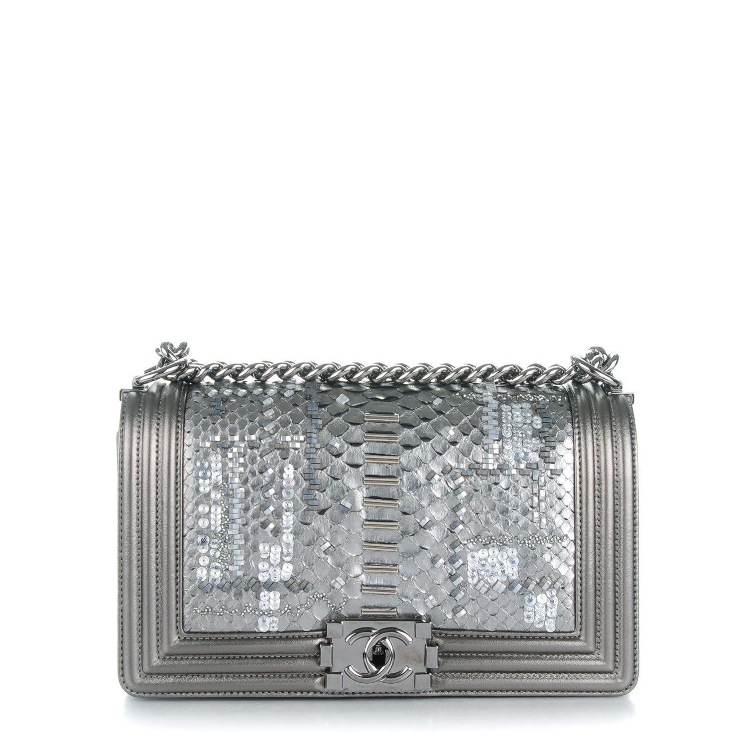 Chanel Metallic Lambskin Embroidered Python Medium Boy Flap Silver 1 of 8