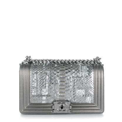 Chanel Metallic Lambskin Embroidered Python Medium Boy Flap Silver 1 of 8