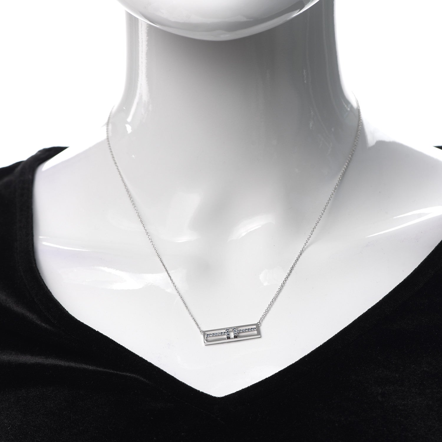 Tiffany 18K White Gold Blue Sapphire T Open Horizontal Bar Pendant Necklace 2 of 6