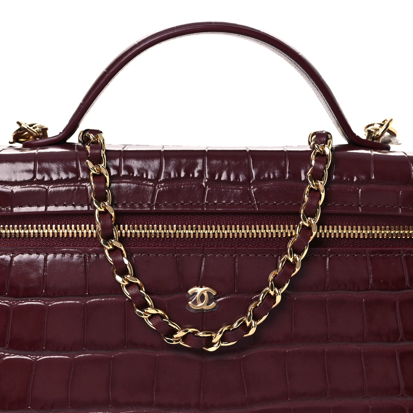 Calfskin Crocodile Embossed Crococo Small Slim Vanity Case With Chain Dark Burgundy