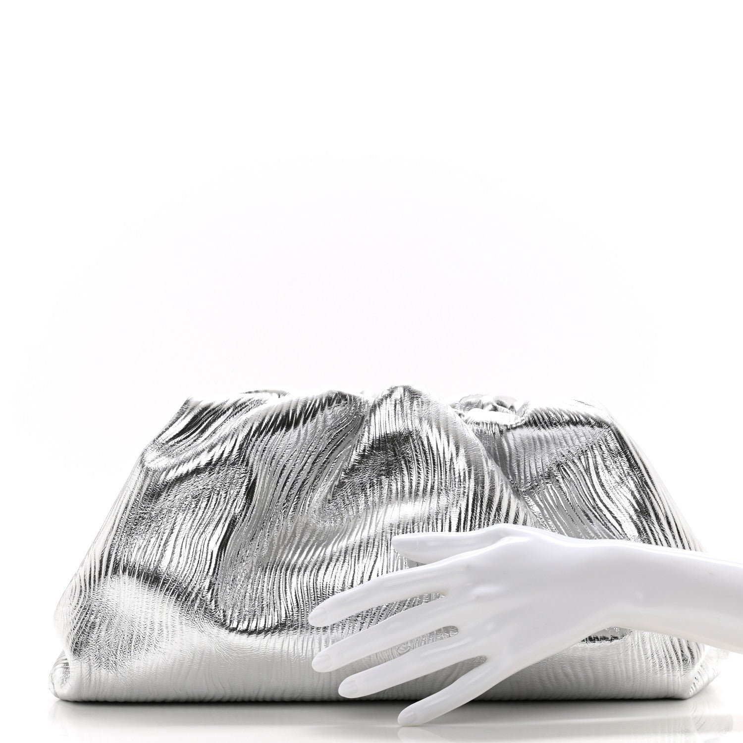 Bottega Veneta Metallic Bark Calfskin Embossed The Pouch Oversized Clutch Silver 2 of 9