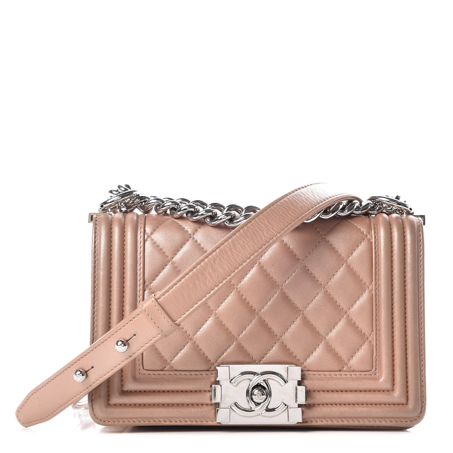 Metallic Calfskin Quilted Small Boy Flap Light Brown