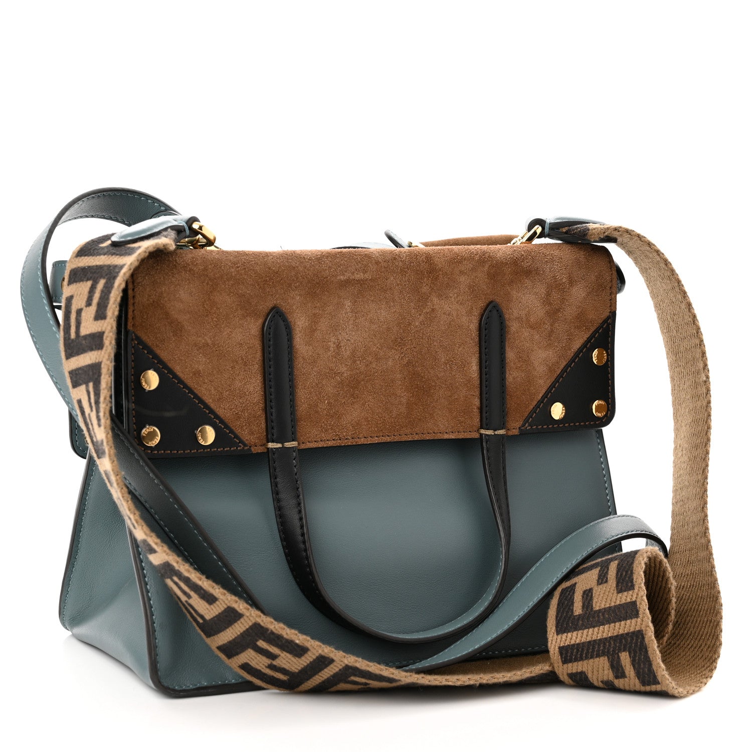 Fendi Vitello Grace Suede Small Flip Tote Azzurro Merlino Marrone Black 3 of 9