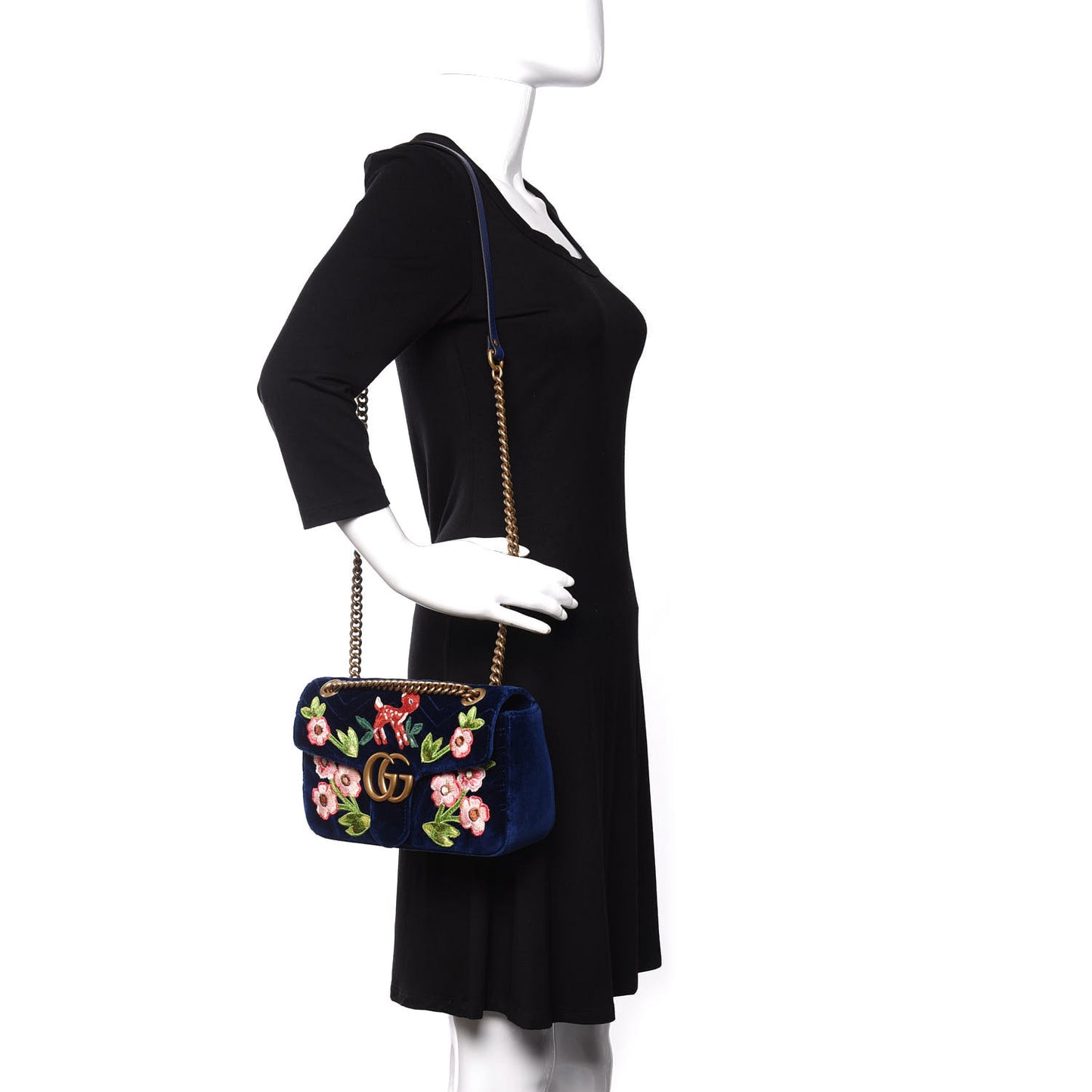 Velvet Matelasse Deer Embroidered Small GG Marmont Shoulder Bag Cobalt