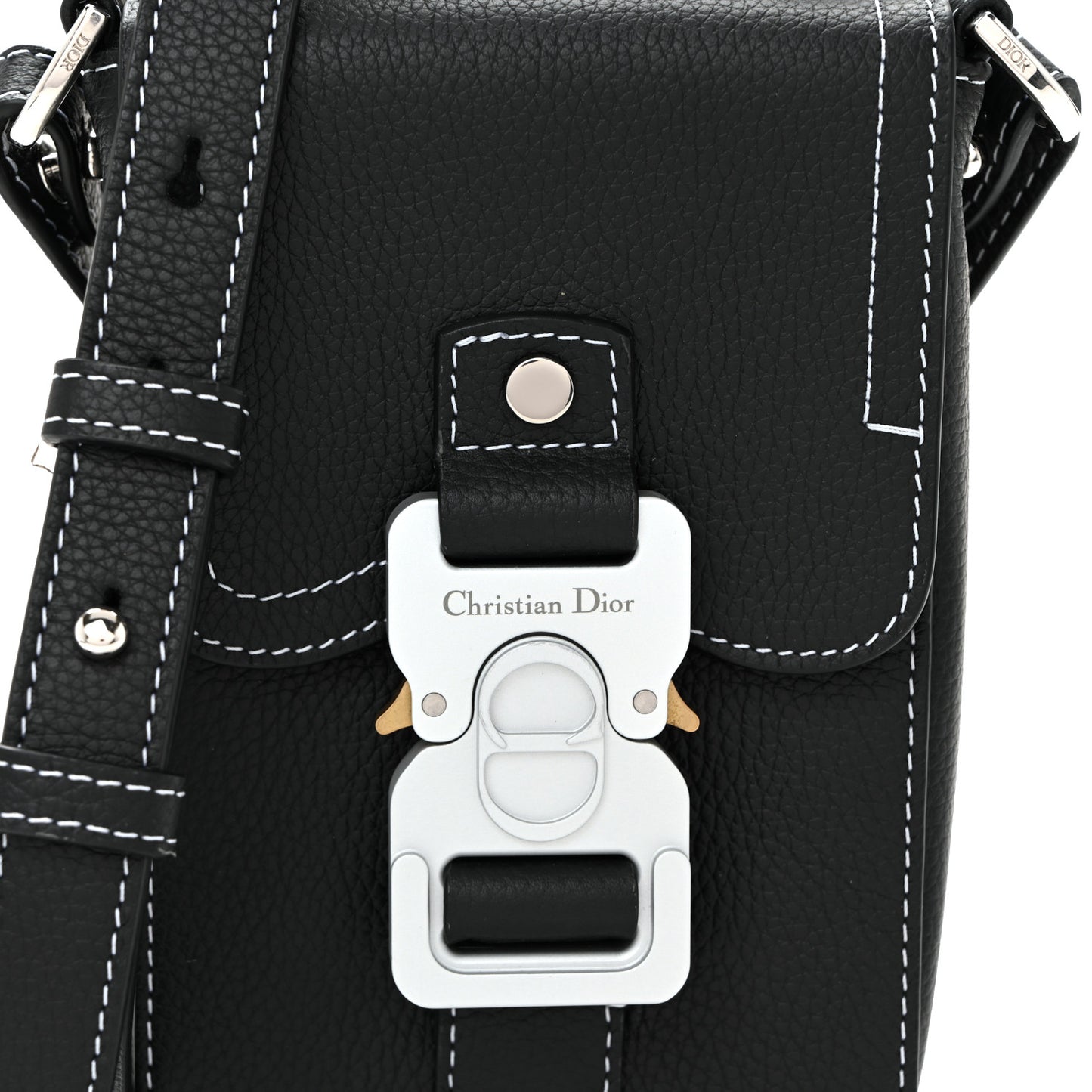 Grained Calfskin Vertical Saddle Pouch With Strap Black