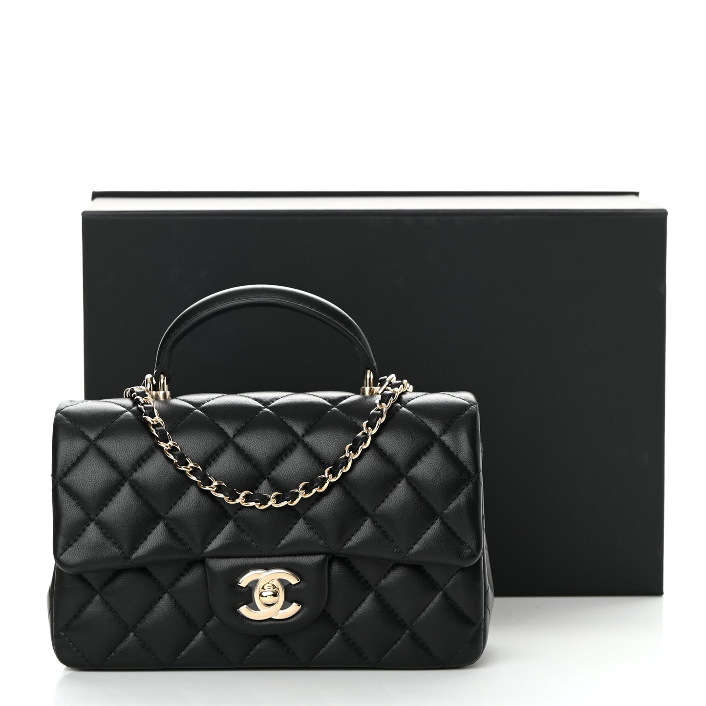 Lambskin Quilted Mini Top Handle Rectangular Flap Black