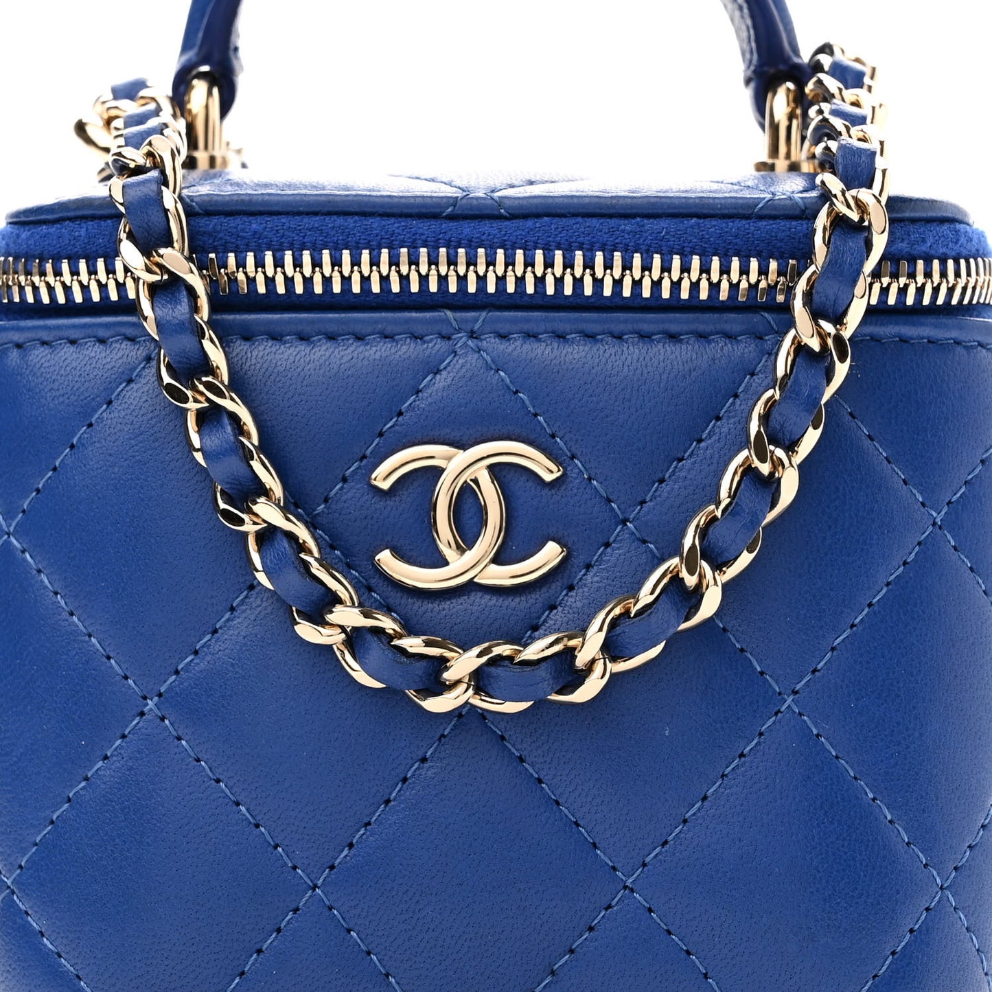 Lambskin Quilted Top Handle Mini Vanity Case With Chain Blue